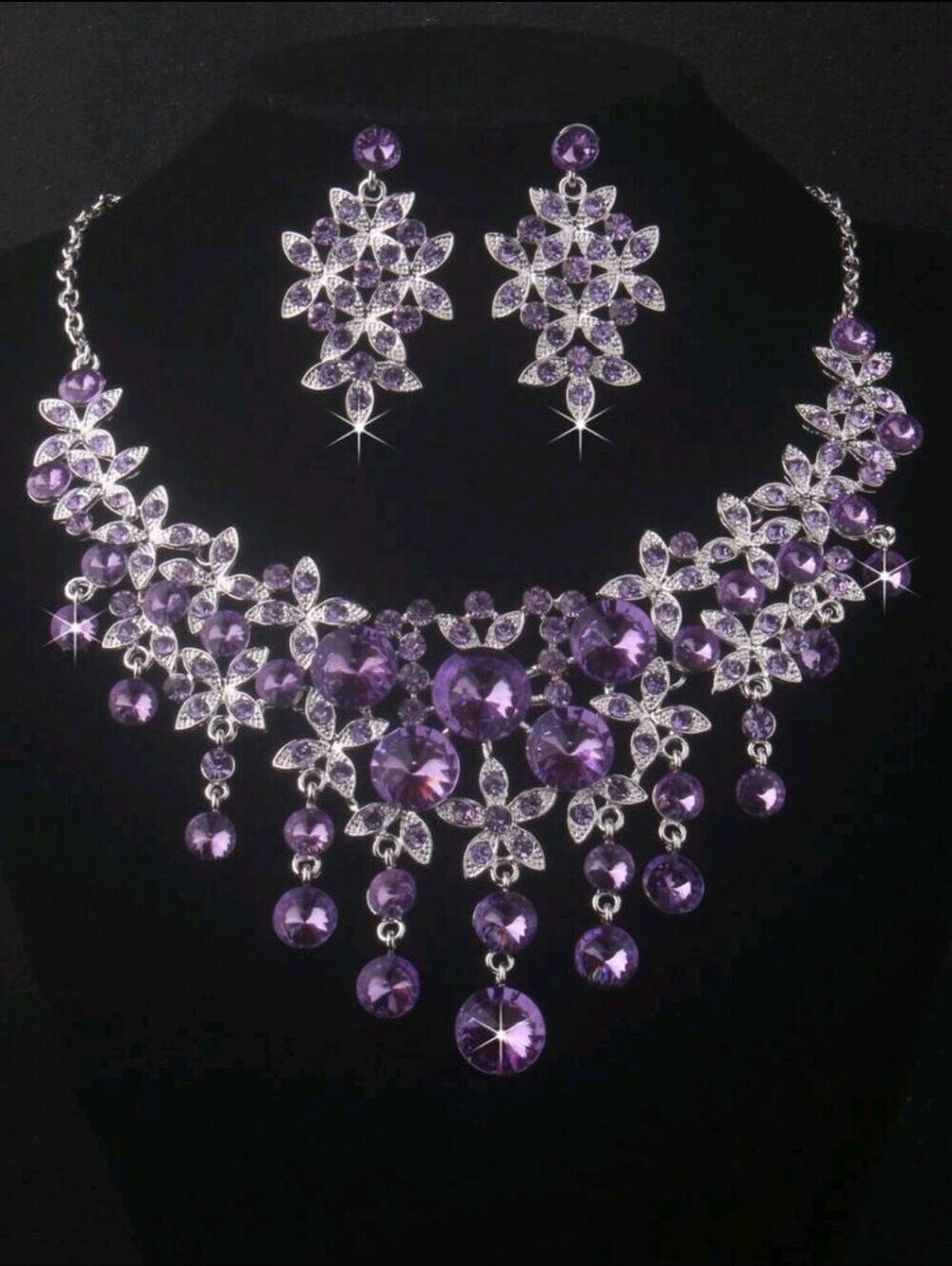 Elegant Purple Crystal Floral Necklace & Earrings Set